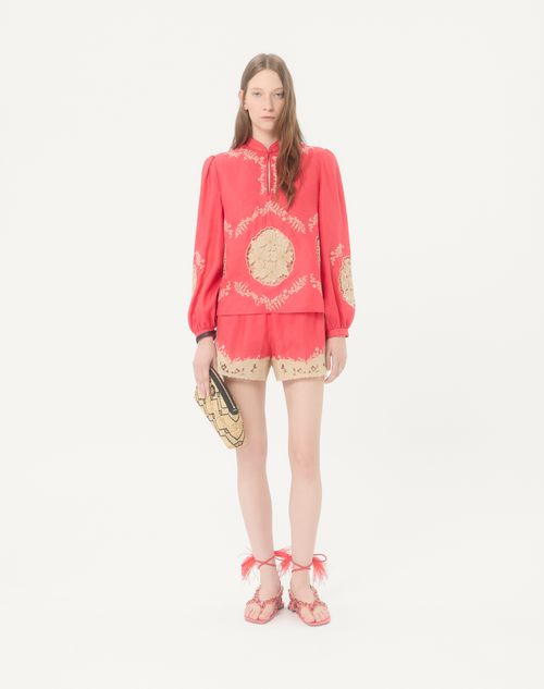 Valentino - Embroidered Couture Linen Shorts - Coral/beige - Woman - Trousers And Shorts